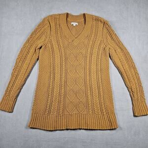 LL Bean Signature Sweater Womens Small Cable Knit Fisherman Tunic V-Neck Mustard